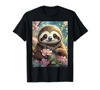 Cute Kawaii Sloth Spring Cherry Blossom Floral Watercolor T-Shirt
