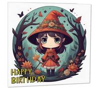 Cute Kawaii Woodland Witch Birthday Card - Chibi Forest Girl 145 x 145mm