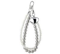 Cute Keyring Women's White Pearls Silver Beads Heart Pendant Bag Charm Double Chain Y2K Key Chain Girls Key Chain Cute Keychain Aesthetic Car Key Chain, White, silver, 16cm*1cm/6.29*0.39in