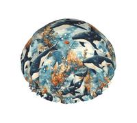 Cute Killer Whale Print Shower Caps for Women, Reusable Double Layers Elastic Band Long Hair Bath Caps for Shower