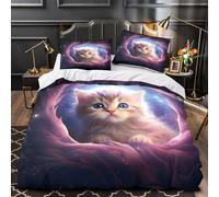 Cute kitten 3D Print Comforter Cover 3-Piece Premium Microfibre Stain-Resistant Fantasy space adventure Quilt Cover 2 Pillow Shams Zippered Closure Bed Ensemble Family Guests Single（140x200cm）