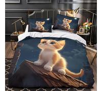 cute kitten 3D Printing Comforter Cover 3-Piece Premium Microfibre Stain-Resistant cartoon night scene Quilt Cover 2 Pillow Shams Zippered Closure Bed Ensemble Family & Guests Double（200x200cm）