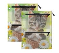 Cute Kitten Basket Daisy 3 Hole Pencil Pouch Large Capacity Storage Stationery Pouch for Study Desk, 2 Pack