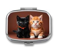 Cute Kitten Black and Orange Cat Pill Box - 2 Compartment Travel Pill Organizer with Small Mirror, Portable Pillcase for Pocket & Purse, Cute Square Medicine Case, Weekly Medicine Container