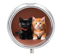 Cute Kitten Black and Orange Cat3 Compartment Travel Pill Case, Sealed Portable Pill Container Mini Size Metal Pills Box for Pocket Purse, Three Times A Day Pills Organizer for Men, Women