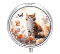 Cute Kitten Butterfly Pill Box Case 3 Compartment Travel Medicine Pill Organizer 3x A Day Portable Vitamin Organizer with Mirror Small Pillbox for Purse & Pocket Cute Daily Medicine Container Metal Vi