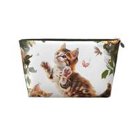 Cute Kitten Butterfly Print Makeup Bag, Small Travel Cosmetic Bag Toiletry Bag Portable Makeup Pouch with Gold Zipper for Women Girls