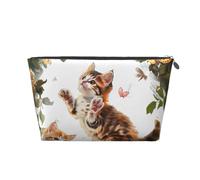 Cute Kitten Butterfly Print Makeup Bag, Small Travel Cosmetic Bag Toiletry Bag Portable Makeup Pouch with Silver Zipper for Women Girls
