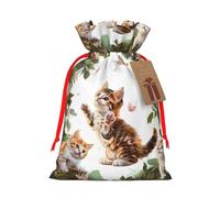 Cute Kitten Butterfly Printed Christmas Drawstring Gift Bags-Xmas Wrapping Bags,Candy Bag,For Holiday Party Decorations,Wedding Party Supplies S Red Ribbon
