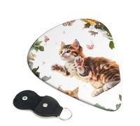 Cute Kitten Butterfly Printed Guitar Picks, 6 Pack with Leather Keychain Pick Holder - 0.46mm, 0.71mm, 0.96mm Assorted Thickness for Acoustic Ukulele, Electric Guitar, Acoustic Guitar, Bass
