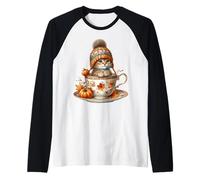 Cute Kitten in Fall Hot Tea Cup Autumn Vibes for Cat Mom Raglan Baseball Tee