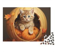 Cute Kitten in Pumpkin 1000 Piece Travel Puzzle for Adults Adorable Tabby Kitten Inside A Hollow Pumpkin Premium Sturdy Challenging Stress Relief 52x38cm/1000pcs