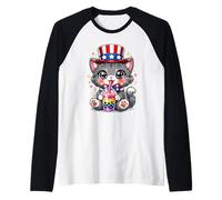 Cute Kitten Patriotic 4th of July Cat Bubble Boba Tea USA Raglan Baseball Tee