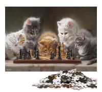 Cute Kitten Playing Chess Wooden Jigsaw Puzzle for Adults Fun 300 Pieces Home Decoration Education Game Toy Intellectual Game Stress Relief Toy Premium & Durable 300pcs (40x28cm)