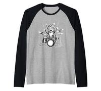 Cute Kitten Playing Drums Rock Music Band Raglan Baseball Tee