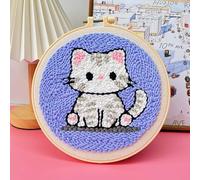 Cute Kitten Punch Needle Embroidery Kits for Beginners Complete Starter Set with Color Yarn, Ergonomic Tool, Reusable Hoop & Video Tutorial DIY Craft for Adults & Kids Home Decor 20x20cm (69)