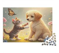 Cute Kitten Puppy 1000 Piece Difficult Puzzle for Adults Curious Kitten Reaching for A Butterfly near Puppy Premium Sturdy Vibrant Challenging Stress Relief 38x26cm/1000pcs