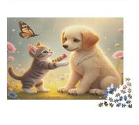 Cute Kitten Puppy 1000 Piece Puzzle Playful Bond Impossible Puzzle Durable Interlocking Pieces Recycled Cardboard for Puzzle Enthusiasts Housewarming Gift 70x50cm/1000pcs