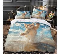 Cute kitten running 3D Printing Duvet Insert Cover 3-Piece Microfiber Lightweight Breathable Beach fun scene Comforter Cover 2 Pillowcases Hidden Zipper Bed Set Girls Bedroom Double（200x200cm）