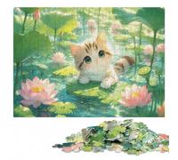 Cute Kitten Swimming Among Lotus Flowers Jigsaw Puzzle, 500 Pieces | A hands-on home pastime: steady puzzle progress at your own pace.