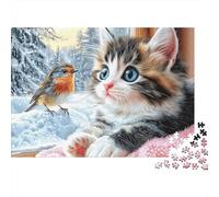 Cute Kitten Winter Scene 1000 Piece Jigsaw Puzzle for Adults Fluffy Kitten Watching A Bird in Winter Premium Sturdy Vibrant Challenging Family Game 70x50cm/1000pcs