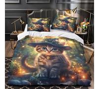 Cute kitten wizard 3D Printed Comforter Cover 3pcs Microfibre Stain-Resistant Fantasy forest scene Duvet Insert Cover 2 Pillow Shams Zippered Closure Bed Linen Adults Families Double（200x200cm）