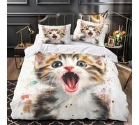 Cute kitten yawn 3D Digital Print Duvet Cover 3-Piece Ultra-Soft Microfiber Durable Watercolor Comforter Cover 2 Pillowcases Hidden Zipper Machine Washable Kids Teens Bedroom Double（200x200cm）