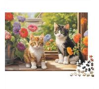Cute Kittens Garden Scene 1000 Piece Jigsaw Puzzles Two Kittens in Garden Adults Aged 12 And Above Educational Game Home Decoration Difficult Challenging Male And Female Birthday 52x38cm Gifts