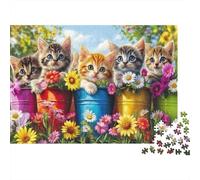 Cute Kittens in Buckets Vibrant Color 1000 Piece Jigsaw Puzzle for Adults Cute Kittens Peeking from Colorful Flower Pots Premium Sturdy Challenging Hard Stress Relief 70x50cm/1000pcs