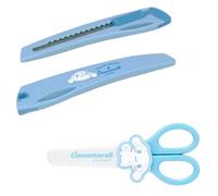 Cute Kitty Friends Character Illustration Scissors with Protective Case for Ambidextrous Hands, Auto-Lock Safety Knife Box Cutter, 2 Sets (SkyBlue)