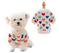 Cute Knitted Dog Sweaters Knitwear Turtleneck Pullover Warm Winter Holiday Puppy Clothes Valentines Outfit (Beige & Multicolor Hearts, Small)