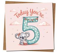 Cute Koala 5th Birthday Card for Kids - 'Today You're 5' Polka Dot Number Design - 145mm x 145mm Square -, Includes Kraft Envelope