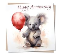 Cute Koala Bear Anniversary Card - Happy Anniversary - Koala Holding Red Balloon - Made in UK