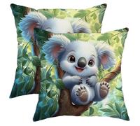 Cute Koala Throw Pillow Covers Set of 2, Adorable Baby Animal Cushion Cases, Colorful Forest Style Decorative Pillows for Kids Room Sofa Couch Decor 12x12 Inch