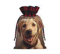 Cute Labrador Dog Print Festive Plaid Gift Bag, Candy Bag, Drawstring Burlap Pouch For Holiday Presents Favor-M