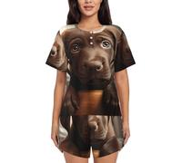 Cute Labrador Dog Print Womens Short Sleeve Pajama Set, Soft Comfy Lounge Sleepwear, Top Button Down, Black, 4XL