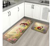 Cute Ladybug Kitchen Mats for Floor, Colorful Floral Cartoon Soft Mats, Spring Cushioned Comfort Washable Decor Rugs for Kitchen Sinks Laundryroom Bathroom 2pcs