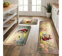 Cute Ladybug Kitchen Mats for Floor, Colorful Floral Cartoon Soft Mats, Spring Cushioned Comfort Washable Decor Rugs for Kitchen Sinks Laundryroom Bathroom 3pcs