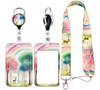 Cute Lanyard with Sliding ID Card Holder Self Retracting ID Badge Holder Aesthetic Rainbow Forest Name Tag Lanyard with 360 Rotate Keychain Clip for Office School Teacher Work Badge