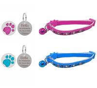 Cute Leather Cat Collar with Sparkly Bling Diamond Effect Stones, Quick Release, Bell & Personalised Engraved 25mm Glitter Paw ID Tag (Blue)