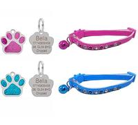Cute Leather Cat Collar with Sparkly Bling Diamond Effect Stones, Quick Release, Bell & Personalised Engraved 27mm Glitter Paw Shaped ID Tag (Pink)
