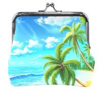 Cute Leather Coin Pouch for Women Cute Kiss Lock Tropical Beach Palm Trees Change Bag Card Pouch