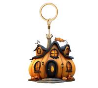 Cute Leather Keychain Holder Compatible with Air Tags Access Cards, Halloween Pumpkin House Protective Case Tracker Cover, Metal Key Ring GPS Item Tag Finders Holder