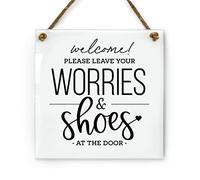 Cute Leave Your Shoes & Worries at the Door Sign | Premium Acrylic | Includes Rope | 151mm x 151mmx 3mm (White)