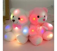 Cute LED Night Light Bear Stuffed Animal Plush Toy for Kids - Soft Floppy Doll with Colorful Lights, 30-Minute Timer - Ideal Bedtime, Anxiety Relief Safe Material, 22cm Size (White)