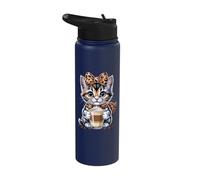 Cute Leopard Bow Kitten Holding Coffee Cup Stainless Steel Insulated Water Bottle
