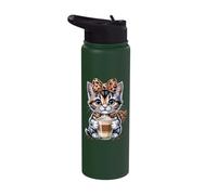 Cute Leopard Bow Kitten Holding Coffee Cup Stainless Steel Insulated Water Bottle