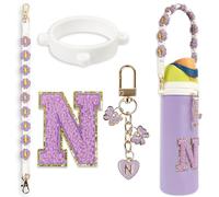 Cute Letter Charm Set Compatible with Owala Water Bottle 24 oz, 32 oz, 40 oz, Owala Kids, Owala Coffee Tumbler, Owala FreeSip - Includes Handle Strap, for Owala & Stanley Cup Accessories (Purple, N)