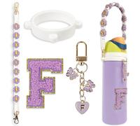 Cute Letter Charm Set Compatible with Owala Water Bottle 24 oz, 32 oz, 40 oz, Owala Kids, Owala Coffee Tumbler, Owala FreeSip - Includes Handle Strap, for Owala & Stanley Cup Accessories (Purple, F)
