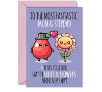 Cute Linen Anniversary Card for Mum & Step Dad - 4 Years Together - Happy 4th Wedding Anniversary Cards for Step Dad Mum, A5 Greeting Cards Anniversaries
